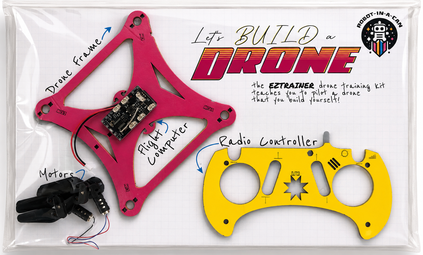 DIY Drone Kit prototype package with frame, flight computer, motors, and controller