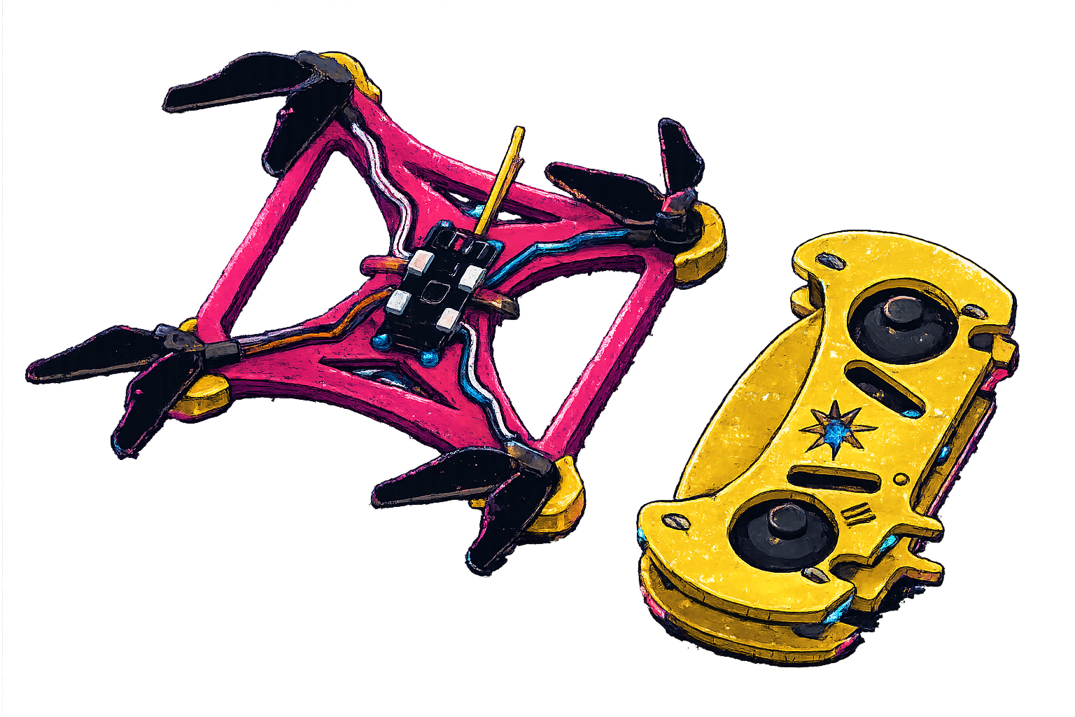 Pink DIY quadcopter and yellow radio controller