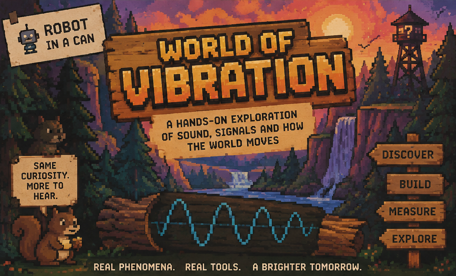World of Vibration kit packaging with a pixel-art forest, waterfall, signal tower, and experiment clues