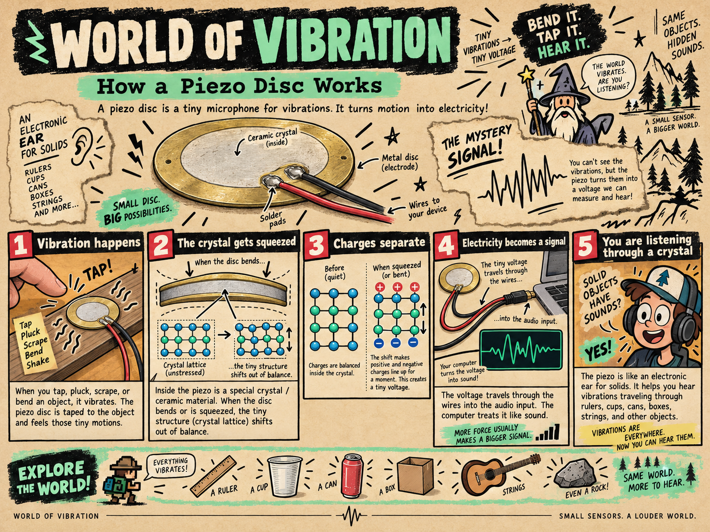 Illustrated guide explaining how a piezo disc turns vibration into a small electrical voltage that a computer can measure and display